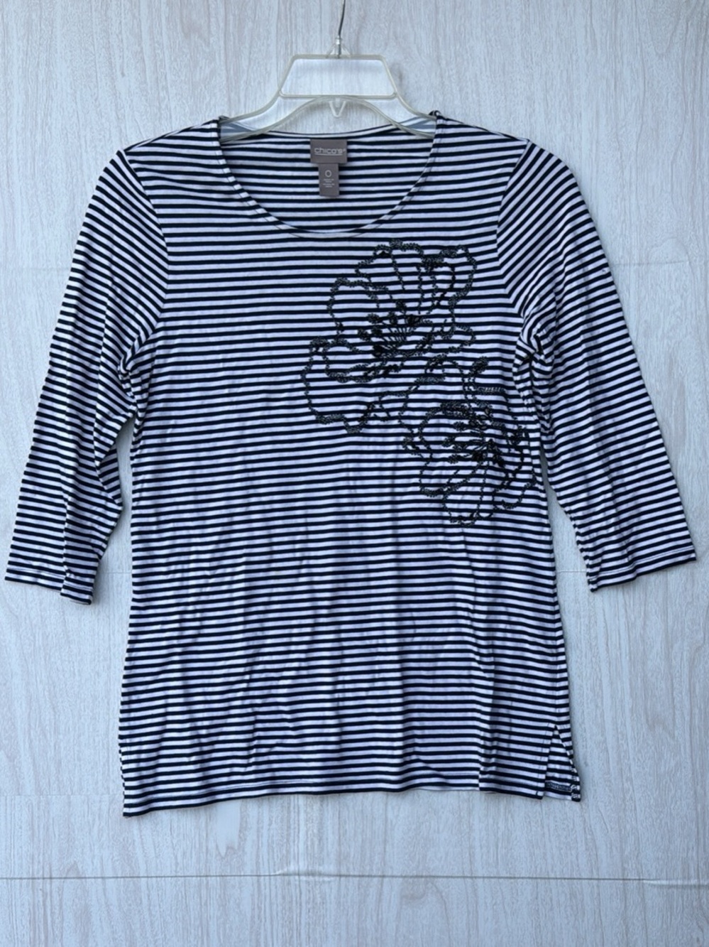 Chico's Black & White Striped Long Sleeve Crewneck Top with Floral Embroidery